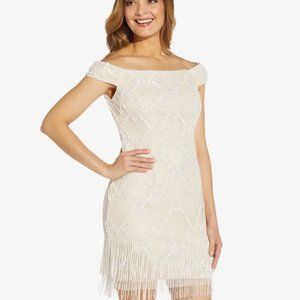 Adrianna Papell New size 16 Ivory White Fringe Beaded Mesh Off Shoulder Dress